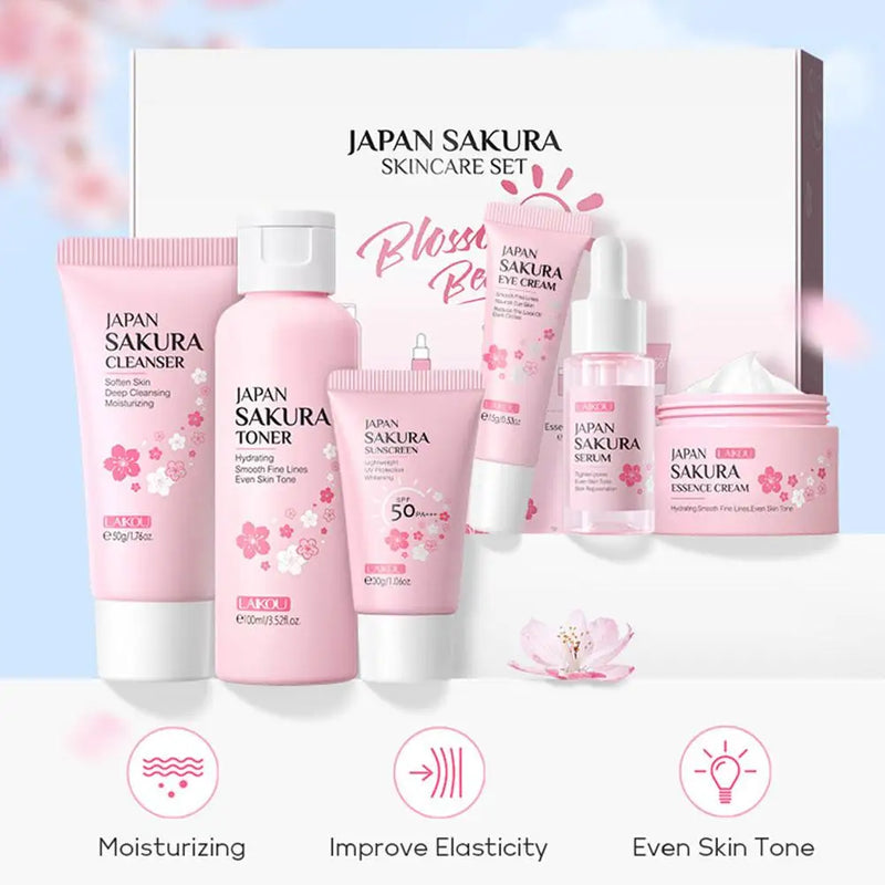 Kit Cuidados com a Pele Sakura - 6 Peças (Creme, Sérum, Toner, Protetor Solar)