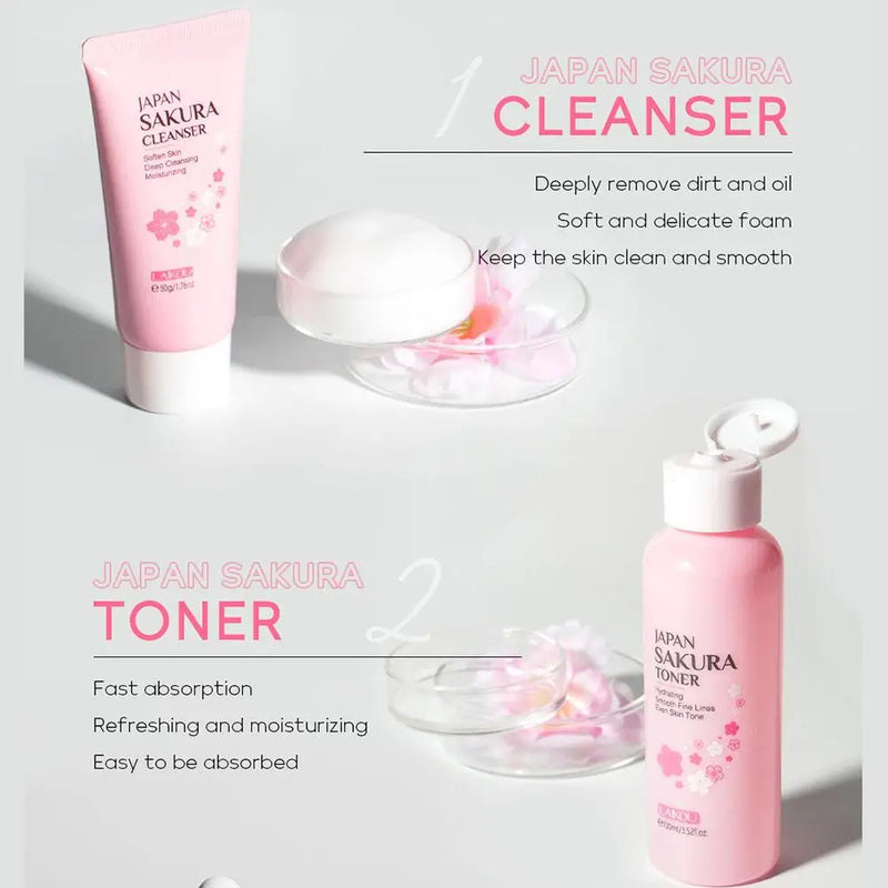 Kit Cuidados com a Pele Sakura - 6 Peças (Creme, Sérum, Toner, Protetor Solar)