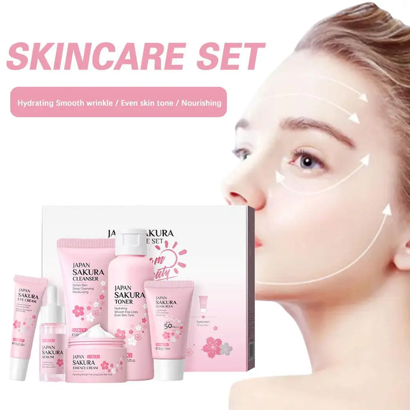 Kit Cuidados com a Pele Sakura - 6 Peças (Creme, Sérum, Toner, Protetor Solar)