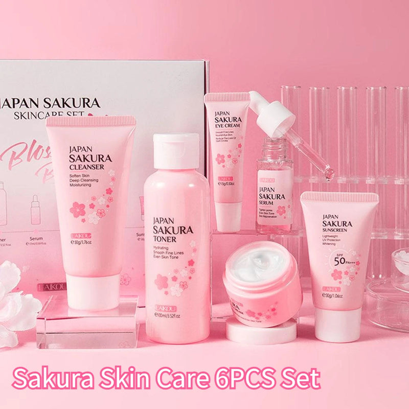 Kit Cuidados com a Pele Sakura - 6 Peças (Creme, Sérum, Toner, Protetor Solar)