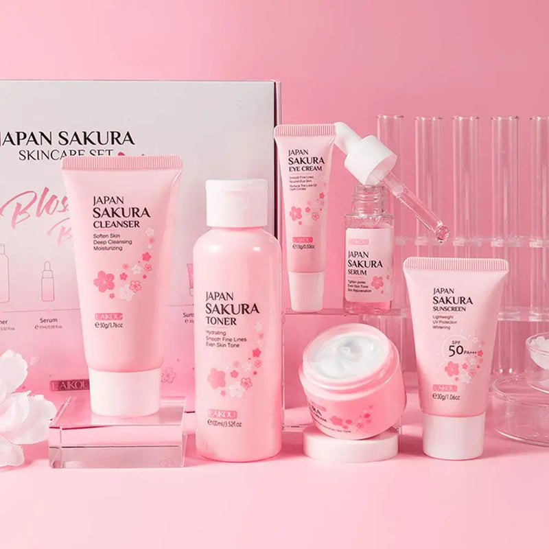 Kit Cuidados com a Pele Sakura - 6 Peças (Creme, Sérum, Toner, Protetor Solar)